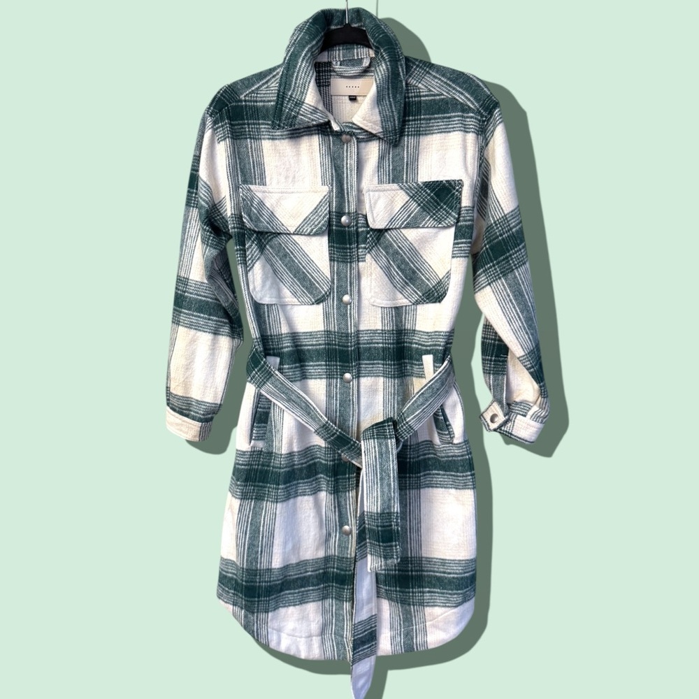 3 for $5!! Blank NYC Cozy Green White Plaid Shirt Dress / Jacket Sz XS